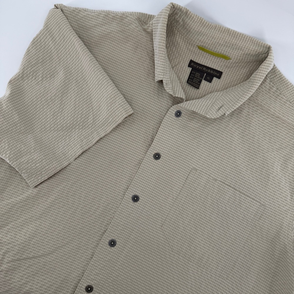 Royal Robbins Button Down Shirt Mens XL Tan Micro Check Modal Blend Short Sleeve